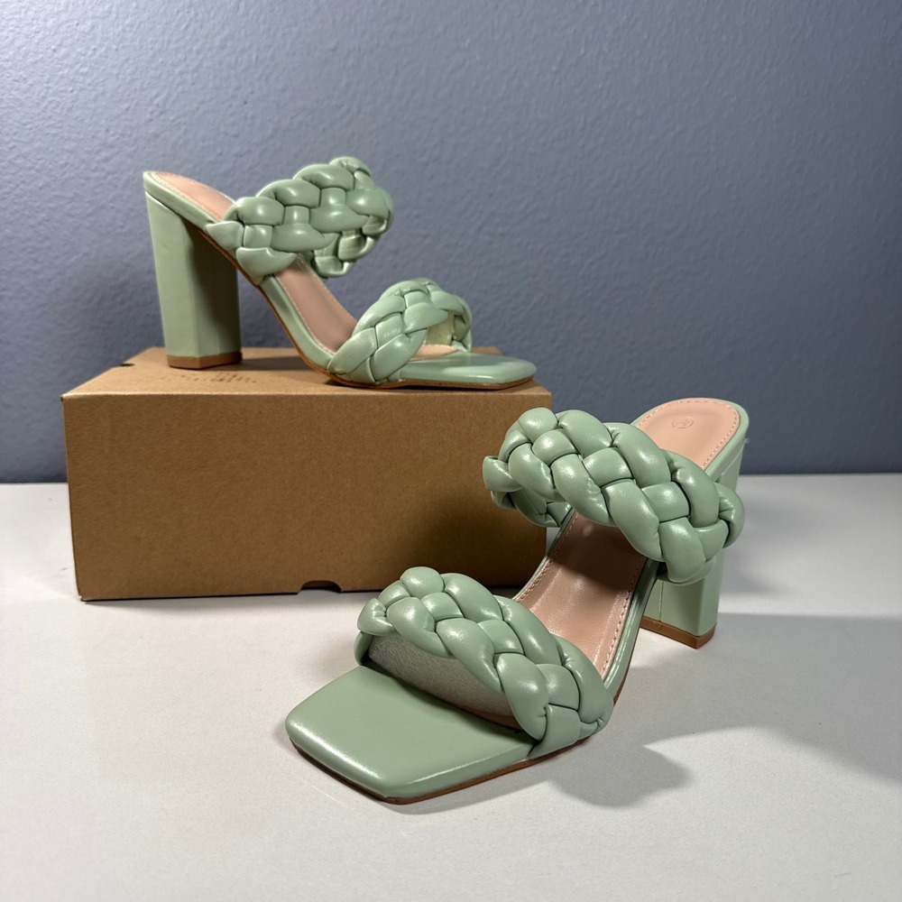 Vetaste Sage Green Braided Double Strap Block Heel Mules Square Toe Sandals 6.5